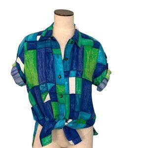 Vintage 80s Caliche Collection Womens Blouse M/L Watercolor Blue Green 203J